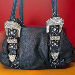 Charm and Luck Handbag Black Leather Western Hand Tooled White Rhinestone Buckle